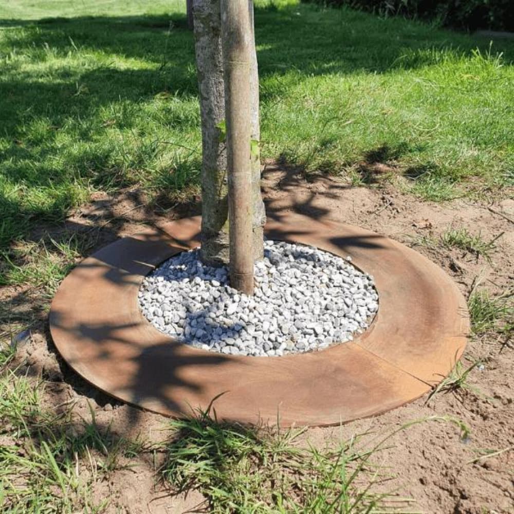 Cercle d'arbre avec gravier et bordure en métal dans un jardin